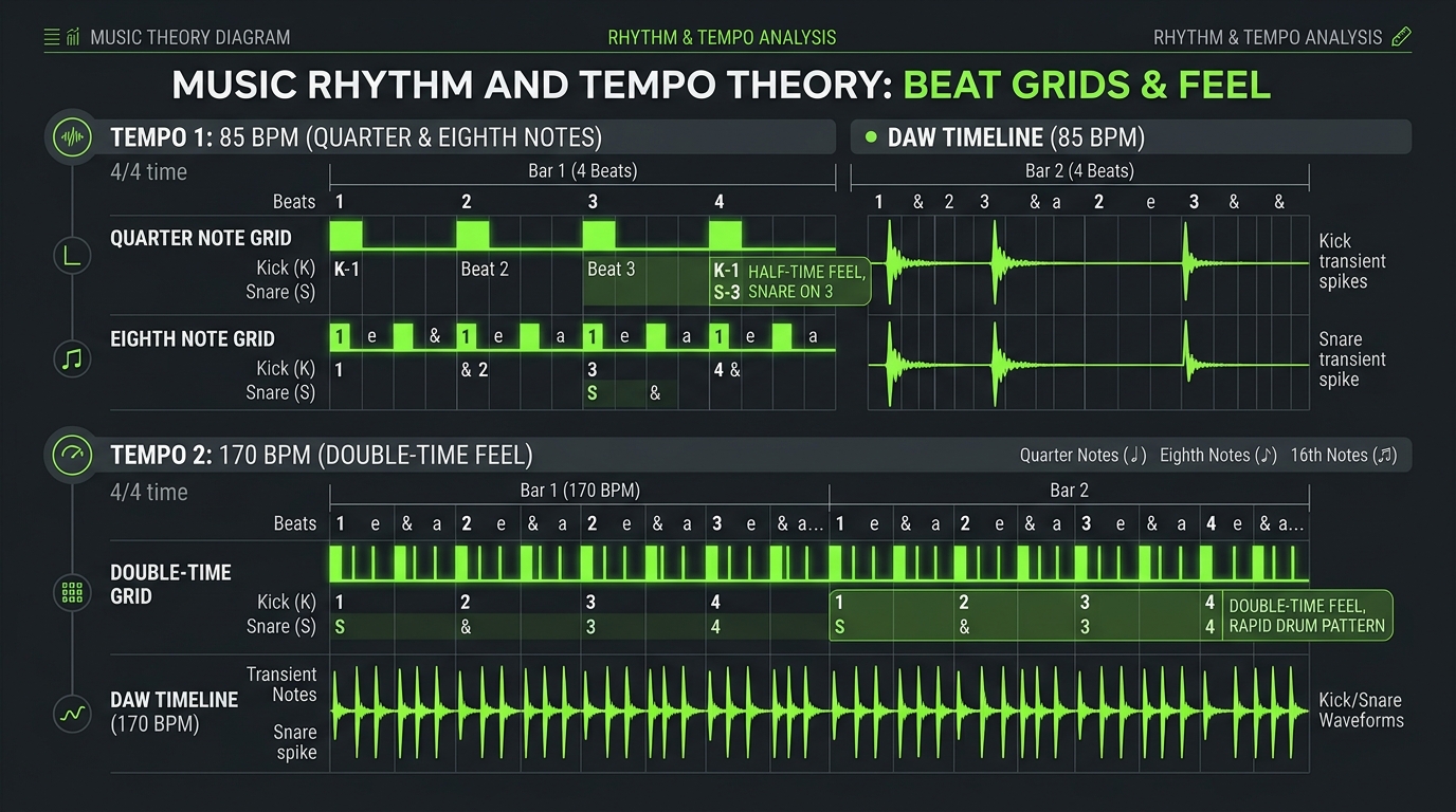 Visualizing half-time vs double-time tempo feel across quarter and eighth note grids Half-Time vs Double-Time Beat Grid